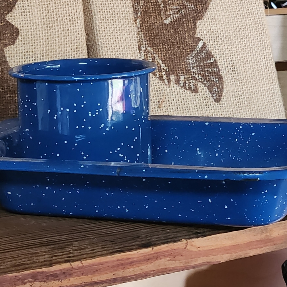 Vintage Blue Enamelware Small Baking Pan and Cup Camping